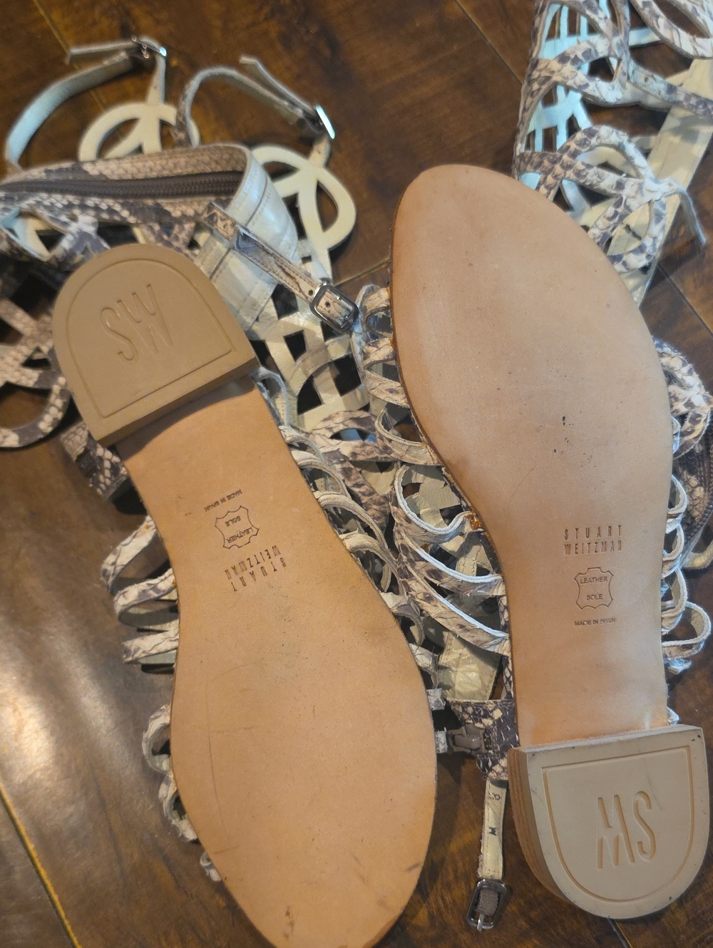 Stuart Weitzman Cream and Black Snake-Print Gladiator Sandals - Picture 7 of 8